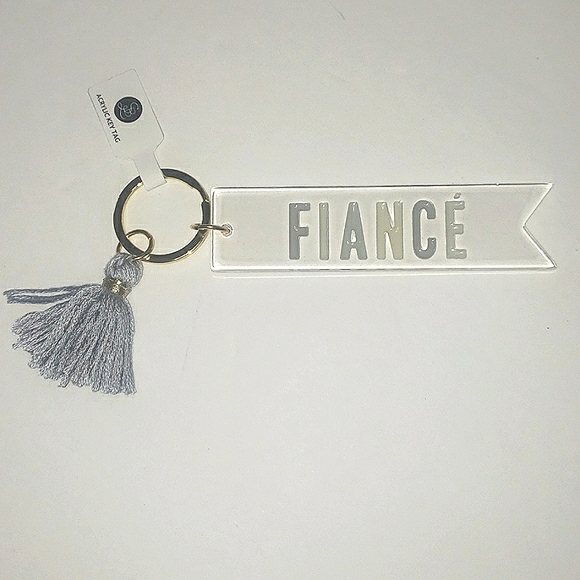 Fiance Acrylic Dovetail Cut Blue Gray Tassle Engagement Keepsake Keychain NWT - Picture 2 of 12